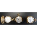 THREE GOLD PLATED POCKET WATCHES all with top winders, comprising two hunters with black Roman