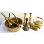 MIXED LOT OF BRASSWARE including a preserve pan with a fixed handle, pair of knopped candlesticks,