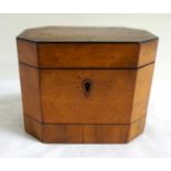 EARLY 19th CENTURY MIXED WOOD HEXAGONAL TEA CADDY the hinged cover opening to reveal a shaped cover,