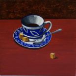 ED O'FARRELL Blue coffee cup, acrylic on canvas, 30cm x 30cm