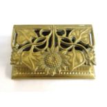 ART NOUVEAU STYLE BRASS STAMP BOX with a pierced lift up lid decorated with a sunflower and