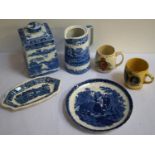 SELECTION OF BLUE AND WHITE CERAMICS including a Copeland Spode jug and square shaped plate, a