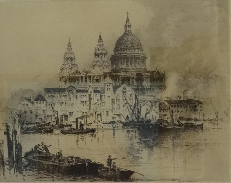 ALBANY E HOWARTH (English, 1872-1936) St Paul's Cathedral, London, with the Thames, sailing