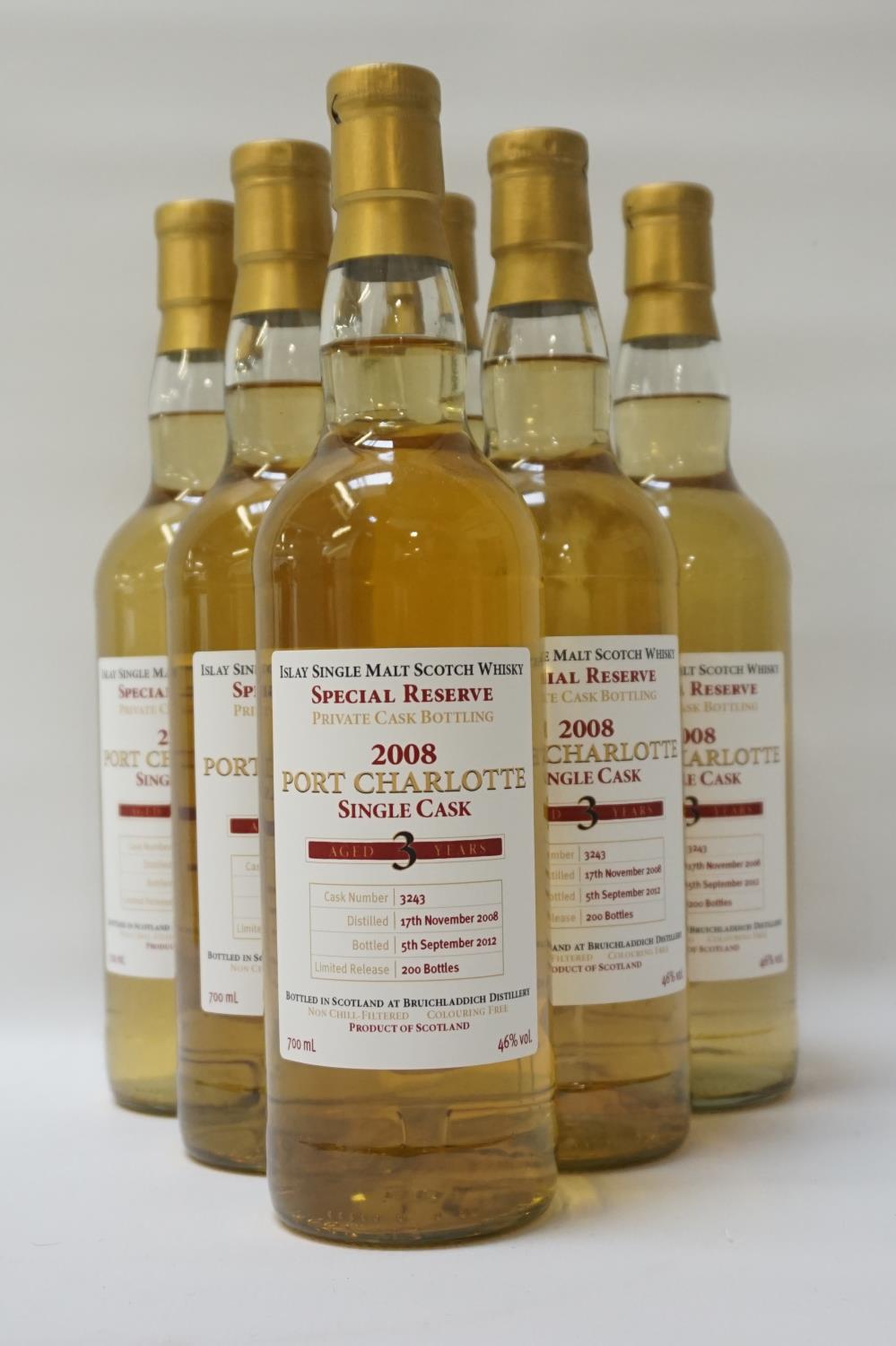 PORT CHARLOTTE 2008 PRIVATE CASK A case of six bottles of Port Charlotte 3 Year Old Single Malt