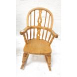 CHILD'S ELM AND BEECH WINDSOR STYLE ROCKING CHAIR the arched spindle back with a carved and