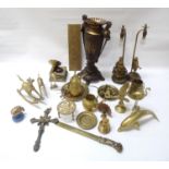 MIXED LOT OF BRASSWARE including a classical style twin handled urn, the body decorated with