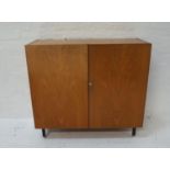 RETRO HUBBINET TEAK FOLD OUT DESK with a pair of cupboard doors opening to reveal a fitted