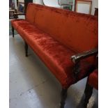 LARGE OAK FRAME BENCH early 20th century, with a padded back and seat, covered in a terracotta