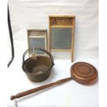 MIXED LOT OF COLLECTABLES including two brass preserve pans, a warming pan and two metal ribbed