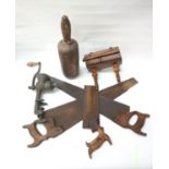 SELECTION OF VINTAGE TOOLS including hand saws, wooden stonemason's mallet, a J. Ford woodworking