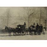 ALEXANDER H KIRK Handsom Cabs waiting by city park, with houses in background, etching, signed, 26.