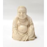 CARVED IVORY BUDDHA early 20th century, seated wearing loose robes and adorned with beads, 8.5cm