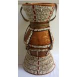 SOMALI WEDDING BASKET formed from woven straw in two conical sections covered in leather and