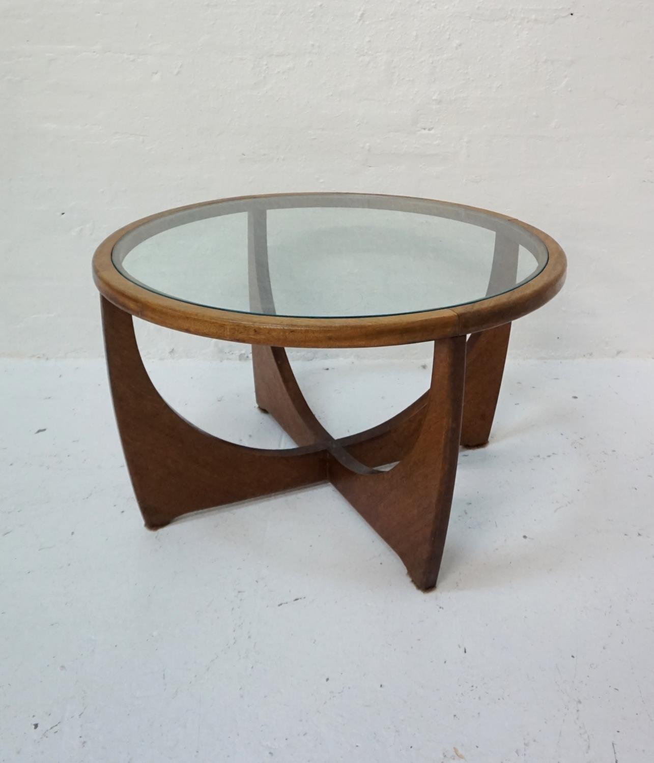 1960s TEAK FRAMED CIRCULAR COFFEE TABLE with drop-in glass top, raised on shaped support frame, 79cm