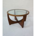 1960s TEAK FRAMED CIRCULAR COFFEE TABLE with drop-in glass top, raised on shaped support frame, 79cm