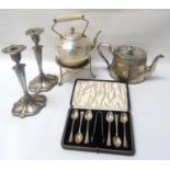 SELECTION OF SILVER PLATED WARES including a spirit kettle with stand (underside of kettle marked '