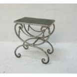 METAL FRAMEWORK STOOL with wooden inset seat, the decorative shaped frame with swag detail, 41.5cm