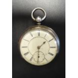 VICTORIAN SILVER CASED POCKET WATCH the white enamel dial with Roman numerals and subsidiary seconds