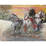 RAYMOND GUFFIE Three horse race, oil on board, signed, 39cm x 49.5cm