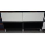 LOW STAINED WOOD SIDE CABINET in two sections, the upper section with two frieze drawers, the