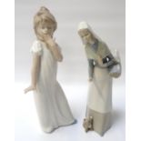 LLADRO FIGURE OF A YOUNG WOMAN with bread basket and small dog at her feet, 27.5cm high, and a Nao