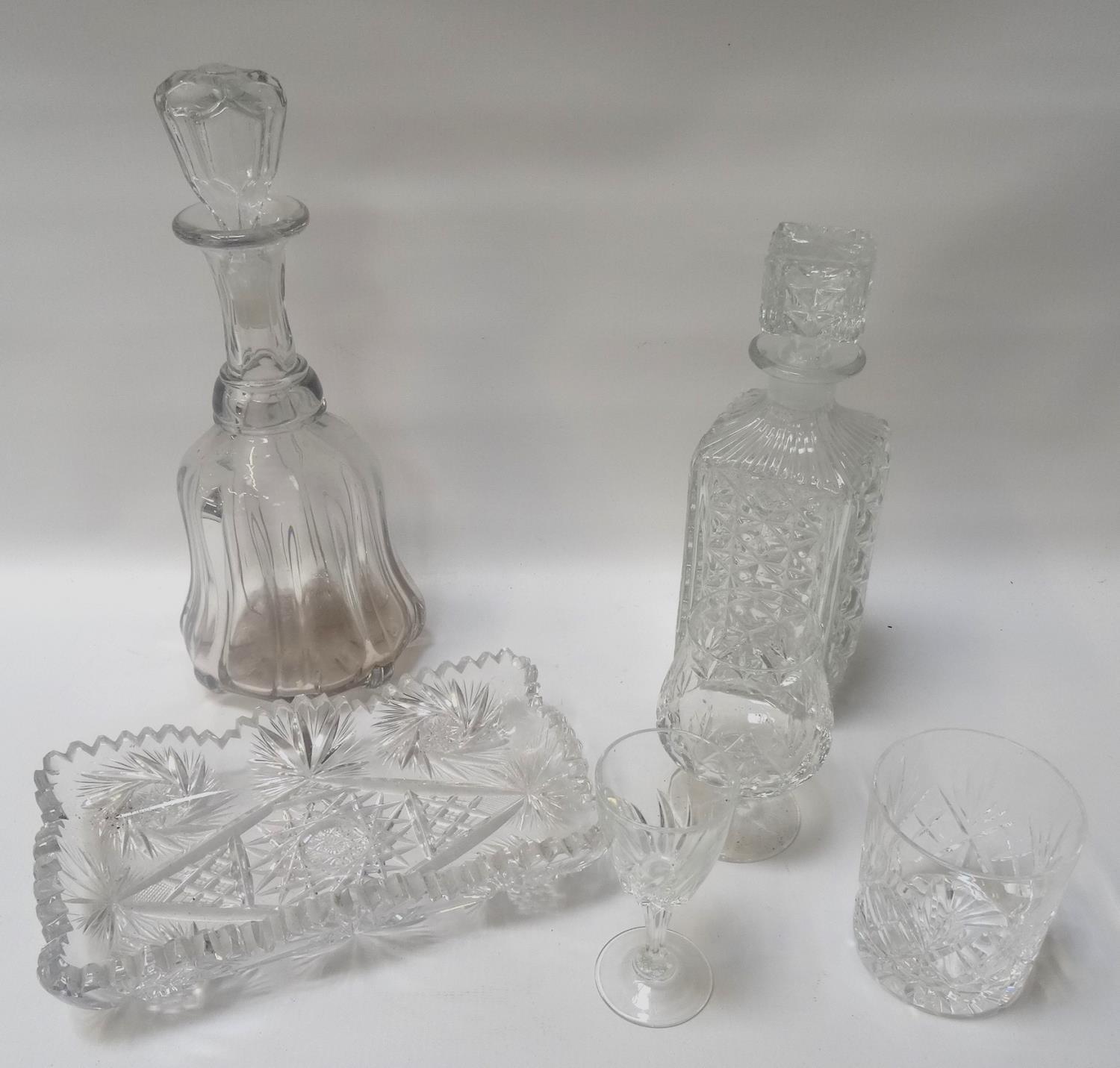 MIXED LOT OF GLASSWARE comprising cut and pressed decanters, wine and spirit glasses, centre bowl,