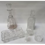 MIXED LOT OF GLASSWARE comprising cut and pressed decanters, wine and spirit glasses, centre bowl,