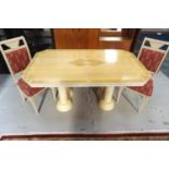 WOOD EFFECT DINING TABLE with canted corners and a printed design to the pull apart top, with an