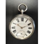 VICTORIAN SILVER CASED POCKET WATCH the white enamel dial with Roman numerals and subsidiary seconds