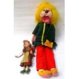 PELHAM VENTRILOQUIAL PUPPET modelled as a lion with a green jacket and red trousers, with a
