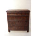 VICTORIAN MAHOGANY CHEST of four drawers, raised on squat turned supports, 107cm high x 104cm wide