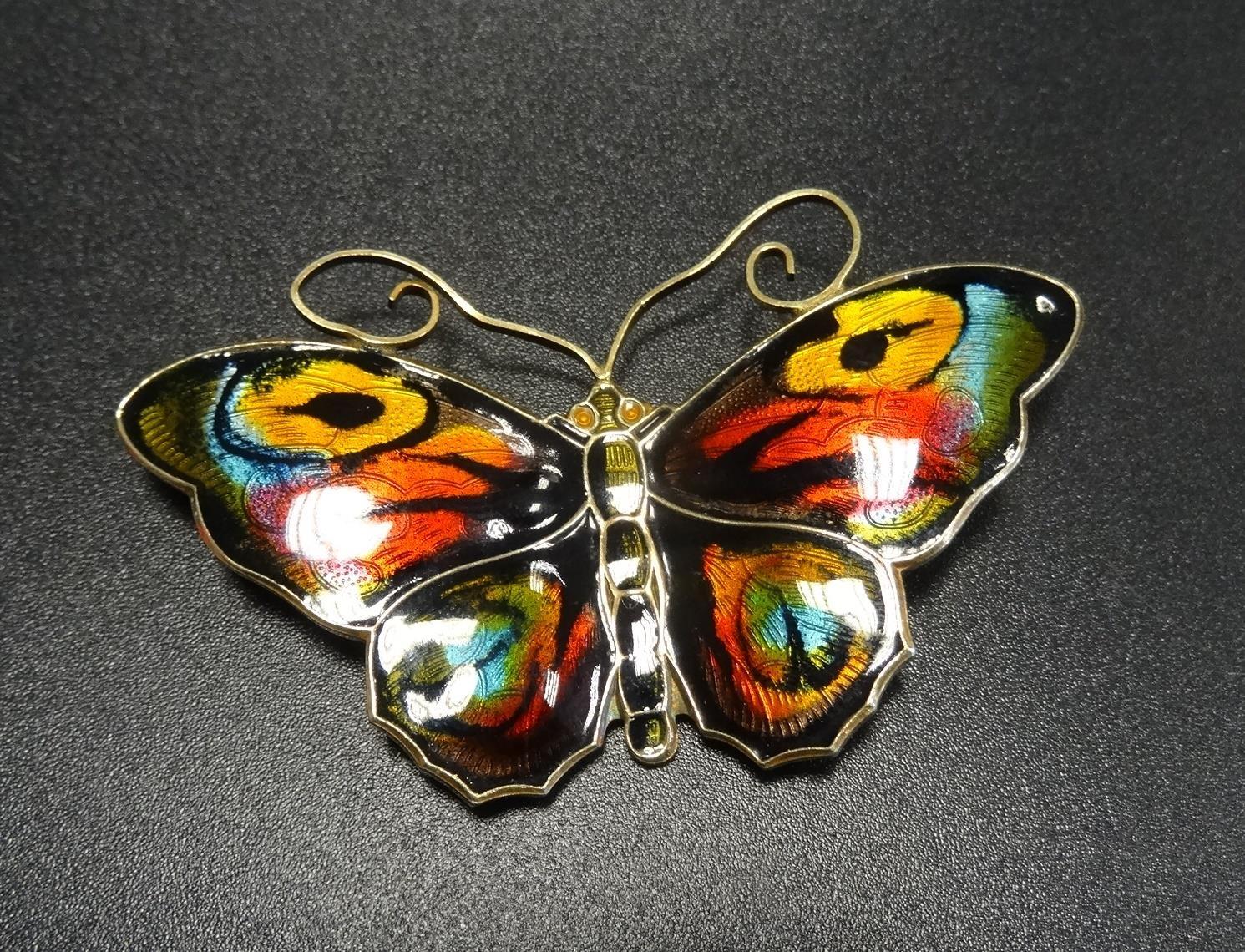 DAVID ANDERSEN ENAMEL DECORATED SILVER GILT BUTTERFLY BROOCH with colourful enamel decoration,