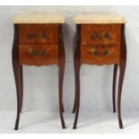 PAIR OF FRENCH LOUIS XVI STYLE MAHOGANY BEDSIDE TABLES with shaped marble tops above two drawers