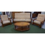 OAK FRAMED SUITE OF FURNITURE comprising of one three seat sofa and two single seats with button