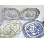 FOUR POTTERY MEAT PLATES including Mintons Indian Tree pattern, blue and white Willow pattern and