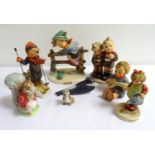 SMALL COLLECTION OF CERAMIC FIGURES comprising Goebel/Hummel Skier; Max & Moritz, Retreat to Safety,