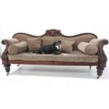 LARGE VICTORIAN MAHOGANY FRAMED SETTEE with carved detail to the shaped backrest, rolled ends with