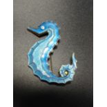 DAVID ANDERSEN ENAMEL DECORATED SILVER GILT SEAHORSE BROOCH with blue enamel decoration, marked '