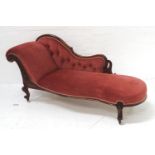 VICTORIAN MAHOGANY FRAMED CHAISE LONGUE with shaped backrest and roll end, carved detail, raised