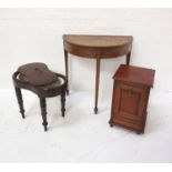 EDWARDIAN OAK DEMI-LUNE SIDE TABLE raised on long tapering legs with spade feet, 77cm wide, a period