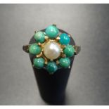 TURQUOISE AND PEARL CLUSTER RING the central pearl in turquoise surround, on nine carat gold