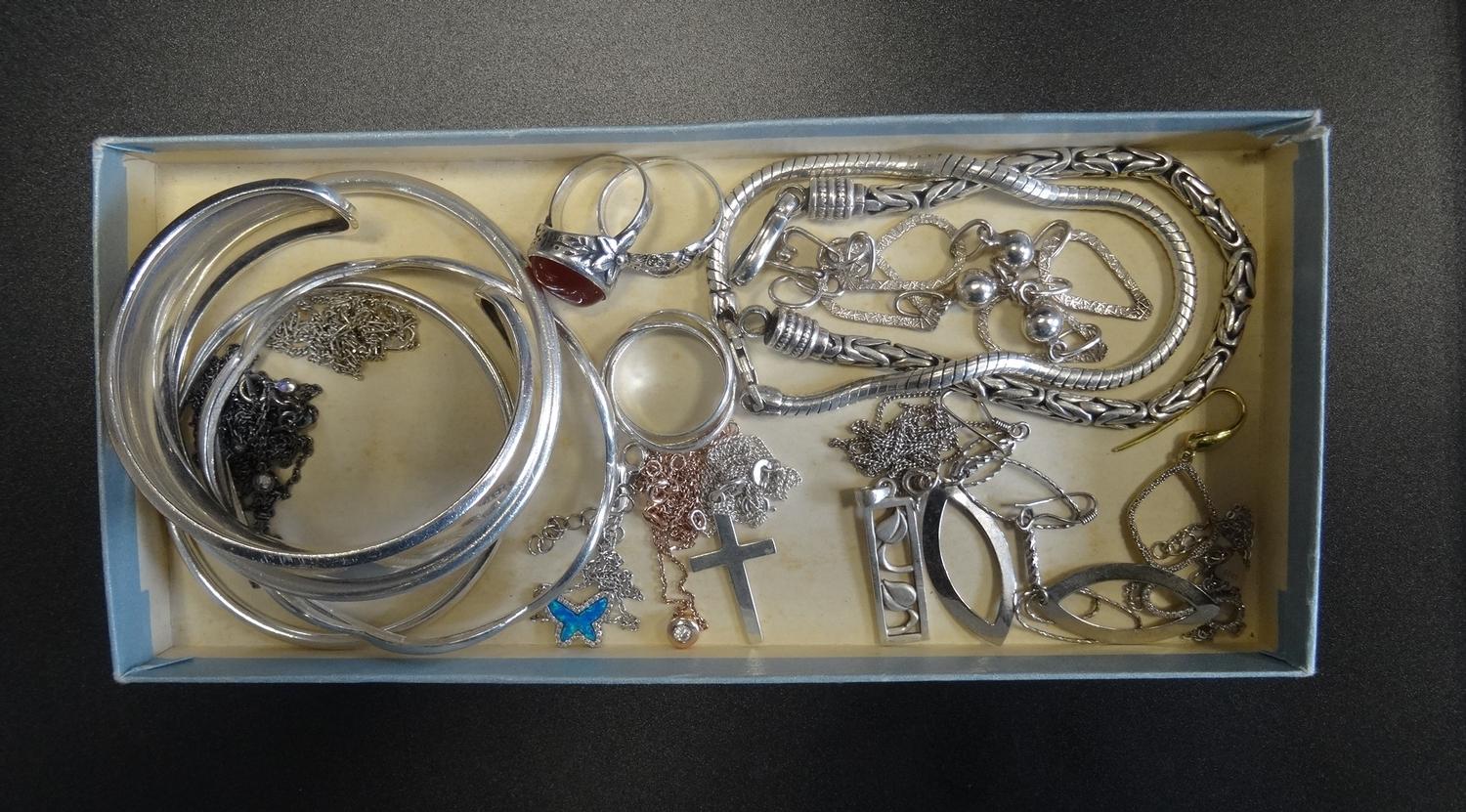 SELECTION OF SILVER JEWELLERY including various bangles, bracelets, stone set and other rings,