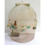 RETRO DECORATIVE METAL BIRD CAGE of semi-elliptical design with a shaped hinged lid decorated with