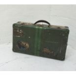 VINTAGE METAL SUITCASE in green with reinforced corners and carrying handle, with many original