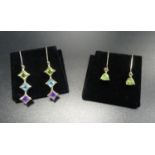 TWO PAIRS OF GEM SET DROP EARRINGS one pair with bezel set square cut amethysts, aquamarines and