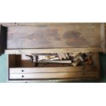 VINTAGE PINE TOOL BOX with a lift up lid and containing a selection of woodworking tools including a