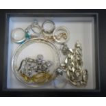 SELECTION OF SILVER JEWELLERY including three turquoise set rings, a diamond set ring, bangles,