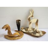 HORN DESK SET comprising a sheeps horn base with a cow horn pen holder and a twisted sheeps horn,