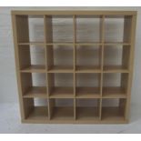 LIGHT OAK EFFECT OPEN SHELF UNIT with sixteen shelves/divisions, 150cm x 149cm