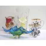 A COLLECTION OF CRYSTAL AND PRESSED GLASS including a large crystal vase, Vaseline glass vase,